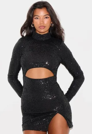 Vestido lentejuelas negro PrettyLittleThing T32