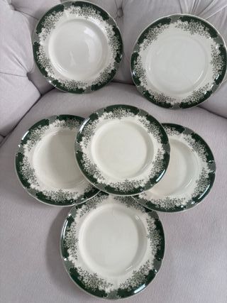 6 Platos Postre Cartuja Sevilla Verde y Blanco