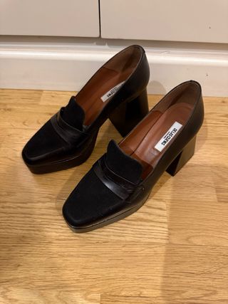 Tacones Mocasín Piel Ante Negro Tacon Ancho. T.37