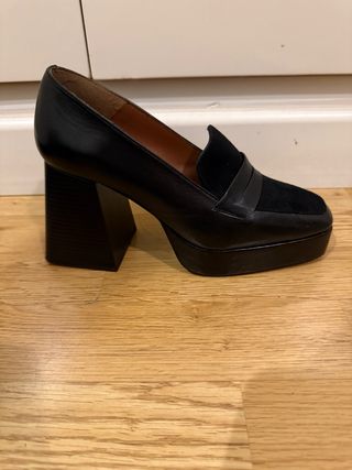 Tacones Mocasín Piel Ante Negro Tacon Ancho. T.37