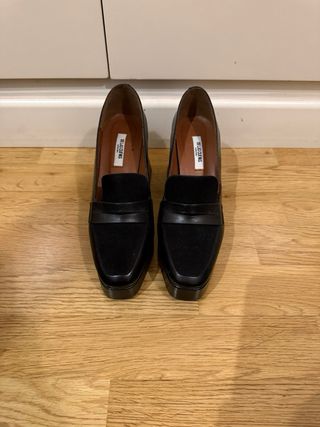 Tacones Mocasín Piel Ante Negro Tacon Ancho. T.37