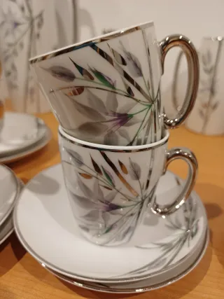 Juego de café porcelana plata y blanco