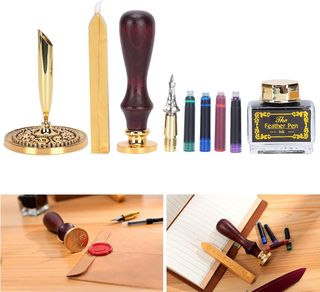 Set Pluma de tinta negra con diseño de alas dorada