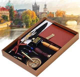 Set Pluma de tinta negra con diseño de alas dorada