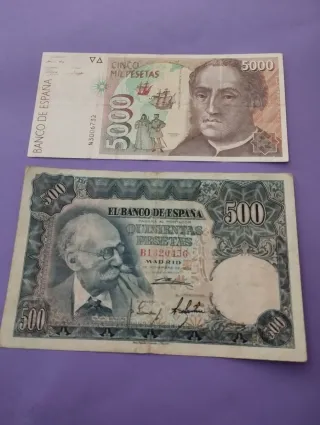 Billetes españoles antiguos 5000 y 500 pesetas
