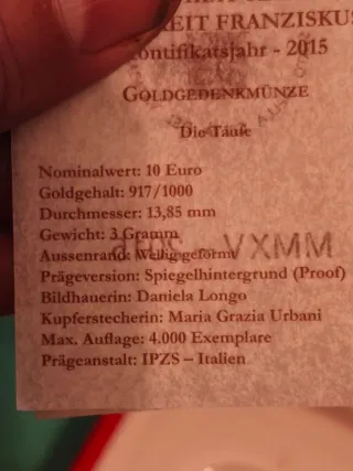 Moneda Oro Vaticano 10 Euro Papa Francisco 2015