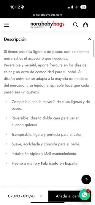 Colchoneta carro bebé Noraybags Cambrass reversibl