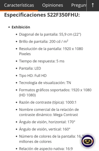 Monitor de pantalla 22" Samsung S22F350FHU Full HD