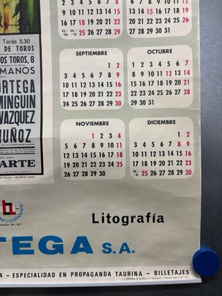 Calendario taurino Litografia Ortega, año 1973