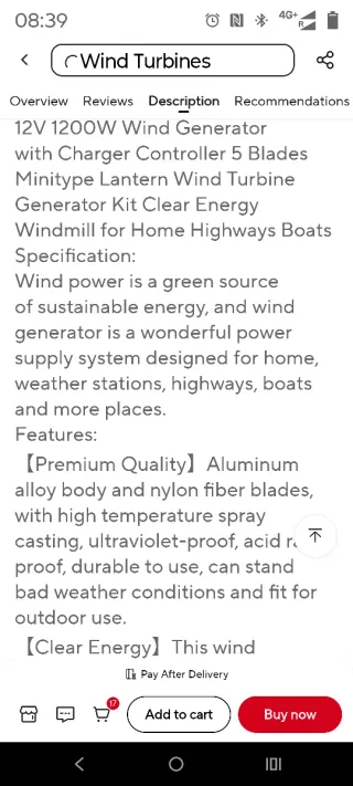 Generador Eólico 1200W 5 Aspas nuevo