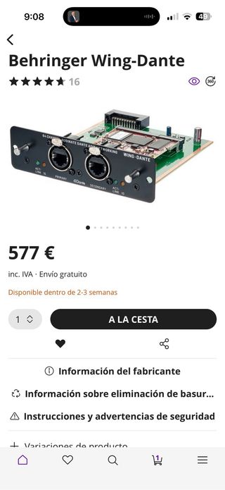 Behringer Wing-Dante Tarjeta Expansión