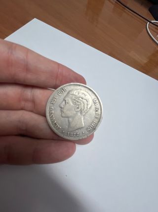 Moneda 5 Pesetas Plata Alfonso XII 1877 #9