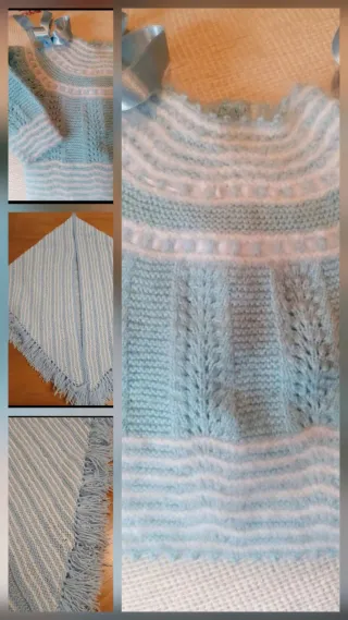 Chaquetita y toquilla bebé azul y blanco