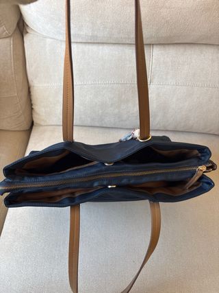 Bolso tote azul y beige grande