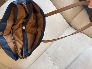 Bolso tote azul y beige grande