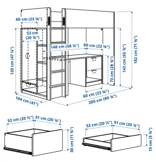 Cama alta con escritorio y armario