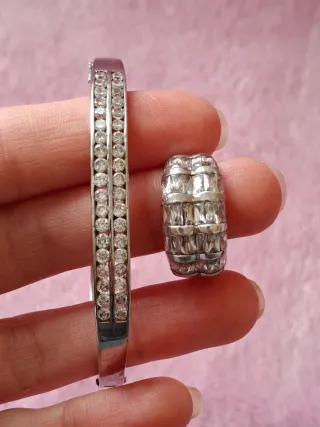 Brazalete y anillo plata con pedrería