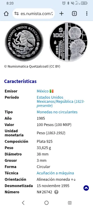 Moneda mexicana 100 Pesos México 86 34gr plata 925