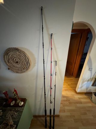 Tres cañas de pesca de barco
