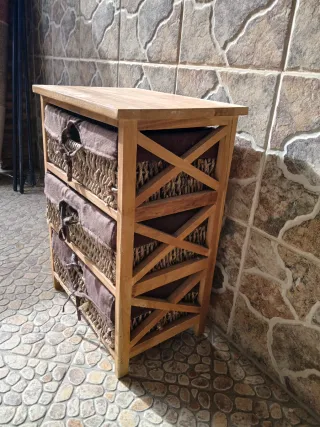 Mueble auxiliar 3 cajones mimbre y madera