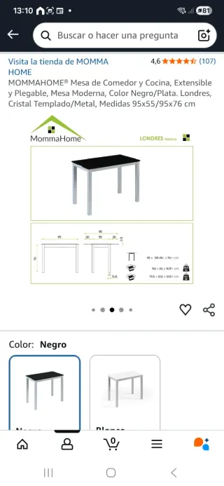 Mesa Comedor Cocina Extensible Cristal Negro