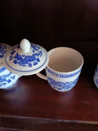 5 Tazas Porcelana China Jingdezhen Dragón Azul