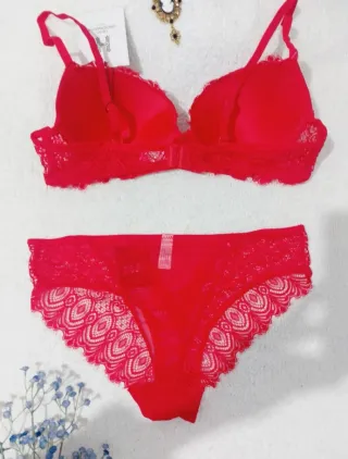 Conjunto Lencería Encaje Rojo 100C