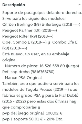 Soportes  Opel Combo E y muchos modelos más