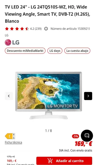 TV LG 24" Smart TV 24TQ510S-WZ Como Nuevo