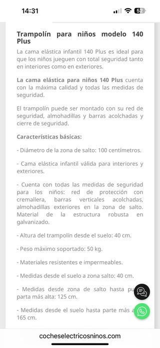 Cama elastica infantil 140 Plus