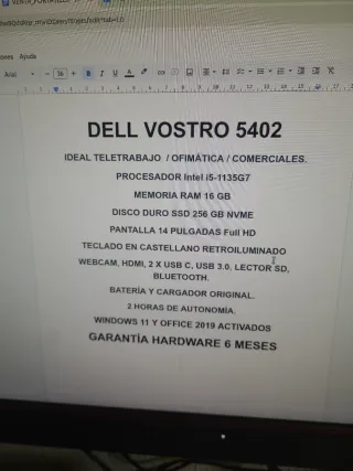 Portátil Dell Vostro 5402. I5-11/16 gb/256 ssd