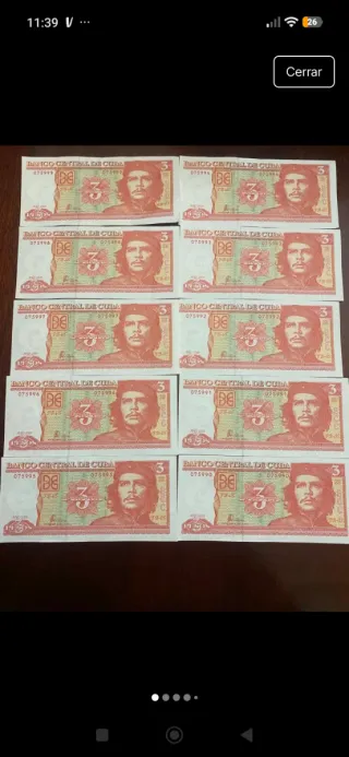 Lote 10 Billetes 3 Pesos Cubanos