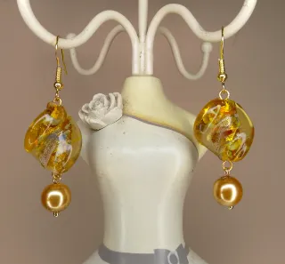 Orecchini acciaio elica vetro murano perla bronzo