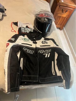 Casco Moto Cross Plata y Azul y conjunto