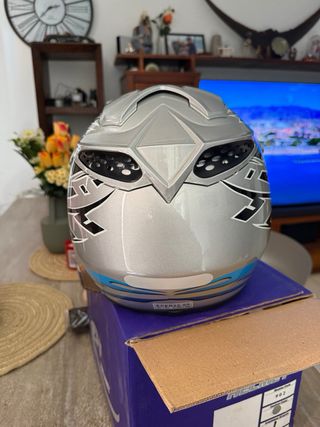Casco Moto Cross Plata y Azul y conjunto