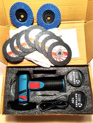 Amoladora 12v + 2 Baterías + Cargador + 9 Discos