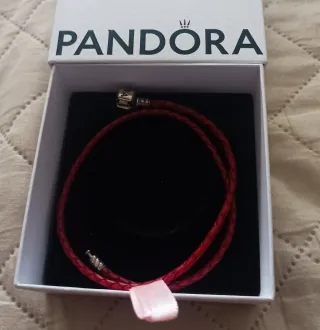 Pulsera Doble Cuero Pandora Roja y Plata