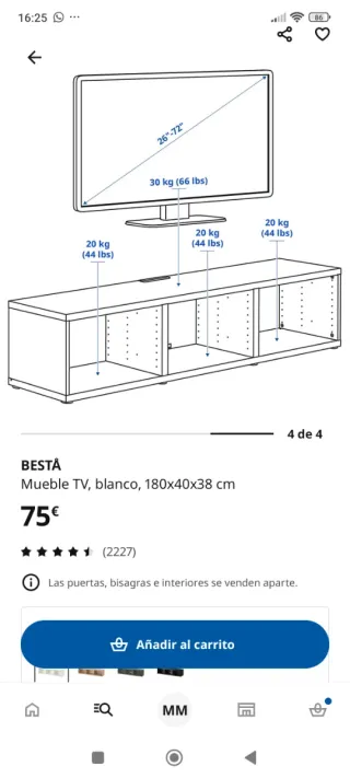 Mueble TV BESTÅ blanco 180x40x38 cm
