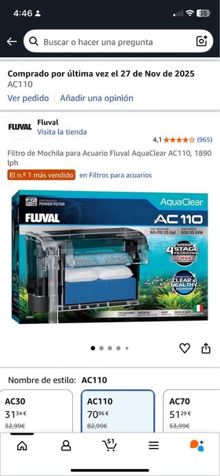 Filtro para Acuario pecera Fluval AC110 1900 L/h