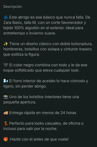 Abrigo ZARA negro doble botonadura