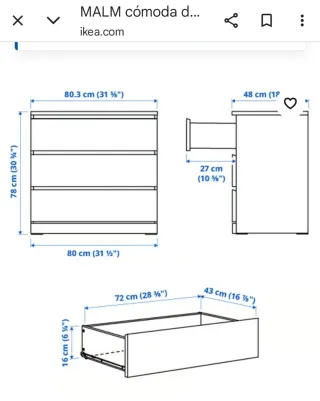 Cómoda Malm Ikea 3 cajones