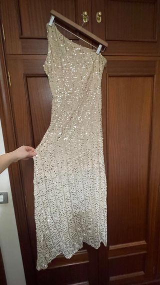 Vestido largo lentejuelas dorado