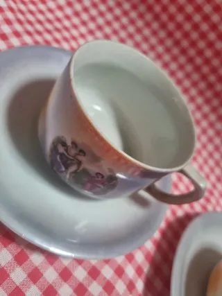 Juego 3 tazas y platos porcelana antigua