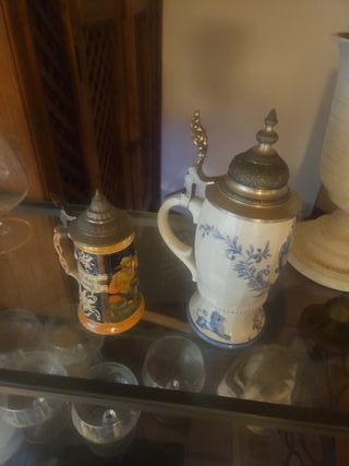 Jarra de cerveza cerámica y metal antiguedades