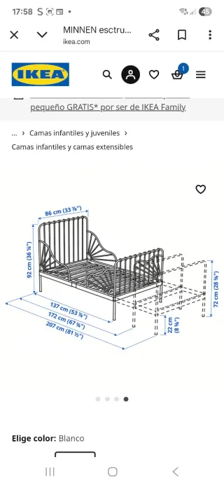Cama infantil extensible Ikea MINNEN blanca