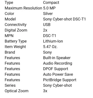 Sony Cyber-shot DSC-T1 5.0MP Fotocamera Digitale