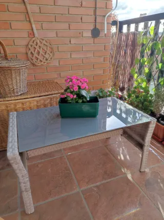 Mesa Ratán y Cristal Jardín Gris