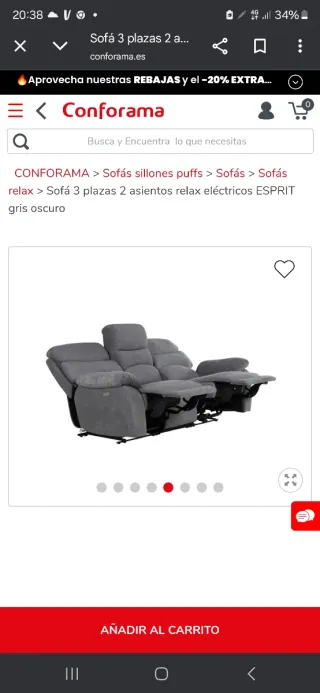 Sofá de 3 plazas Conforama gris.