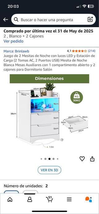 Mesita de noche blanca con luz LED