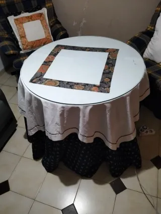 Mesa camilla redonda 90 cm, vestiduras, cristal